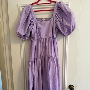 Entro: Purple Puff Sleeve Midi Dress, Size: Medium